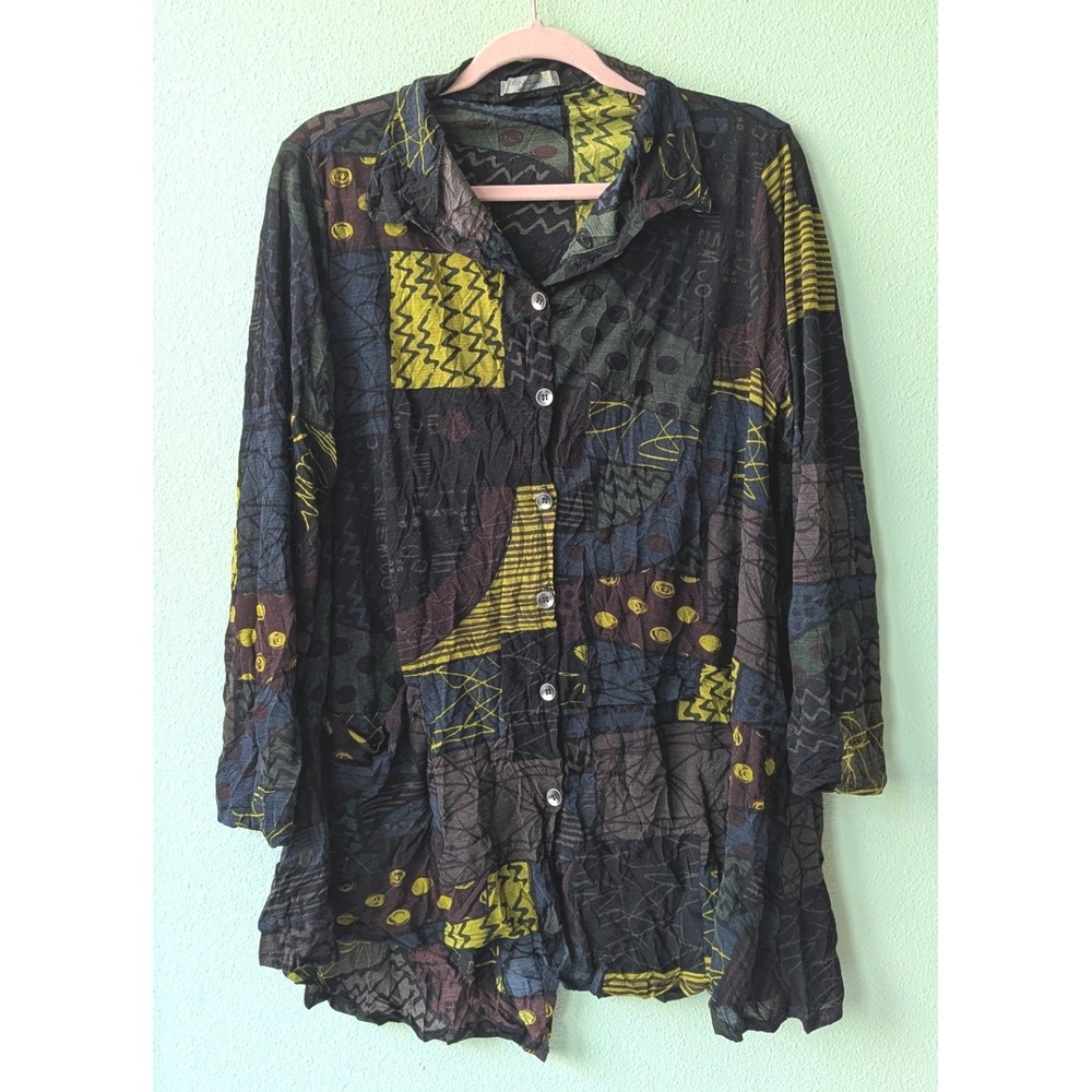 Chalet et ceci Avant Garde Crinkle Tunic Top Chartreuse Patchwork Artsy Medium